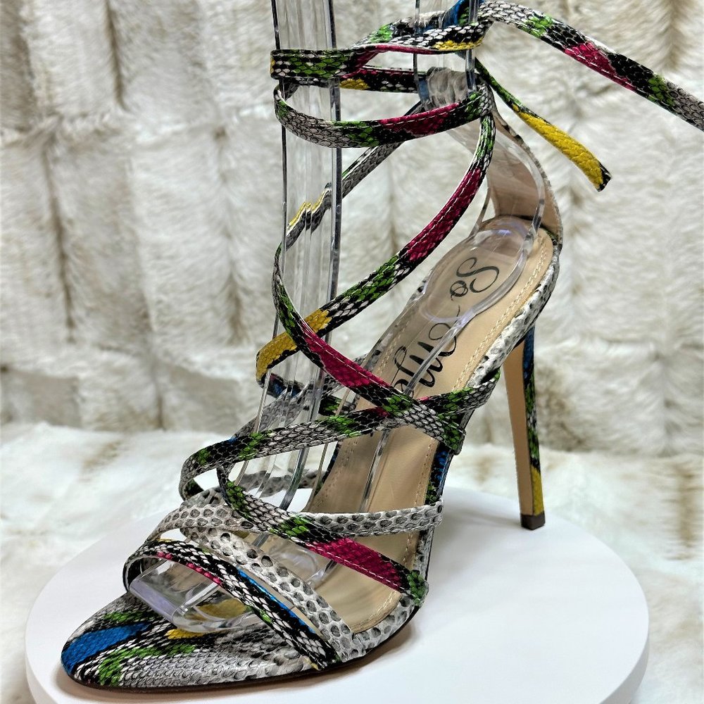 * So Me Multi Color Snake Strappy Wrap 4.5" Heels - Picture 2 of 8
